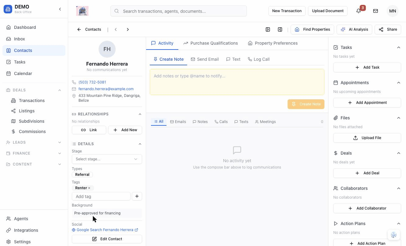 Contact detail page with activity feed