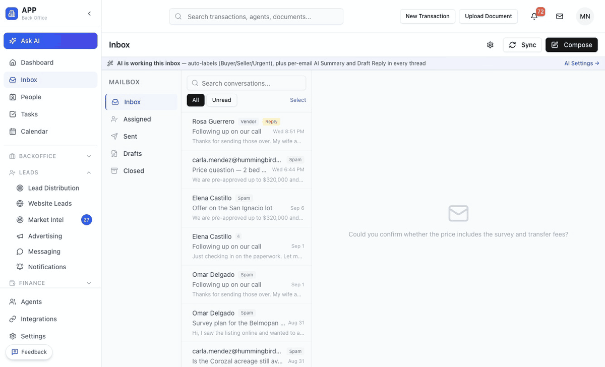 Propzy inbox with AI auto-labels, folders and unread filtering