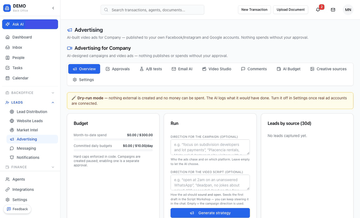 AI Advertising module with budget caps, approval queue and A/B tests
